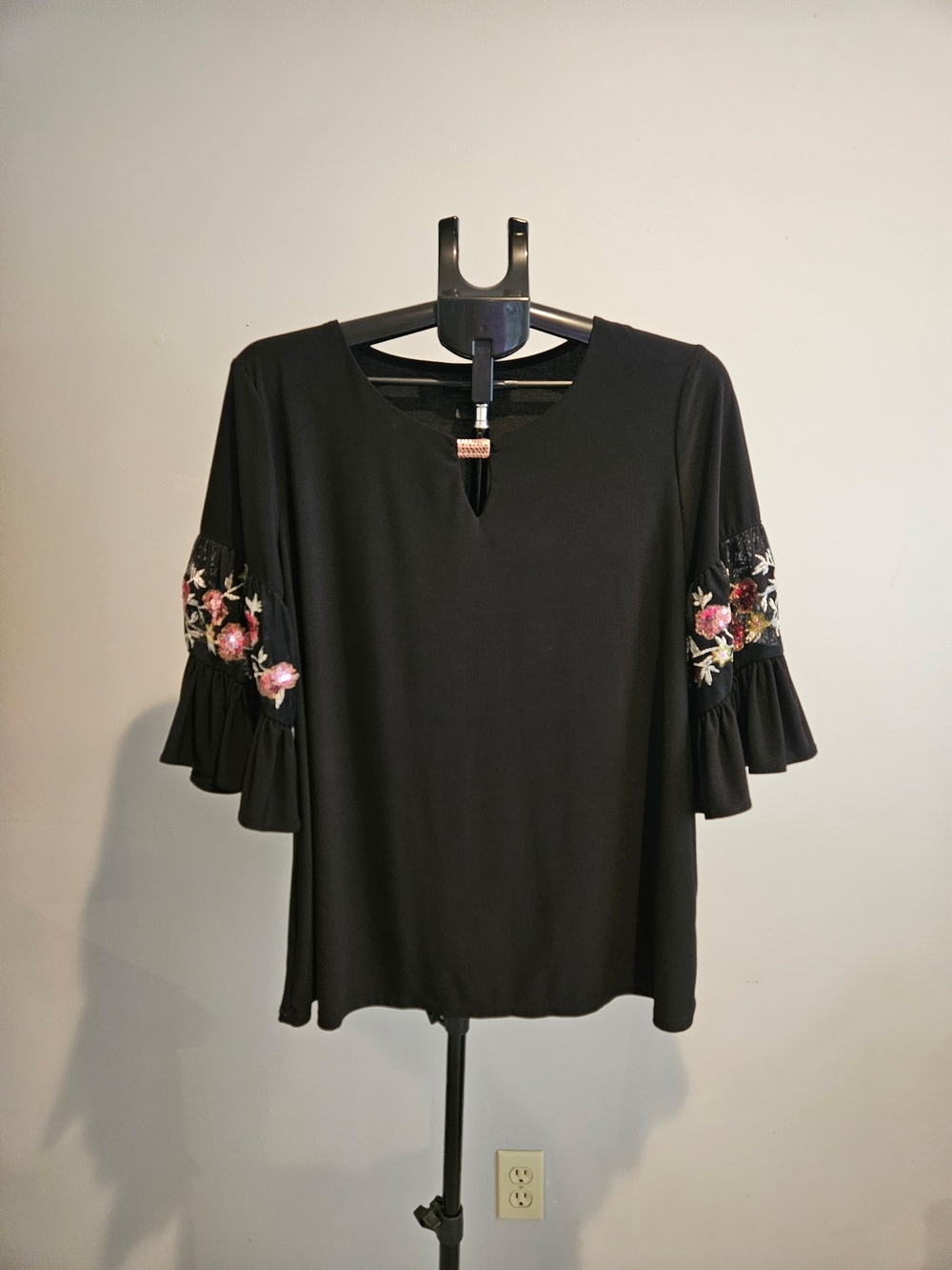 JM Collection Black Top with Floral Embroidered Ruffle Sleeves